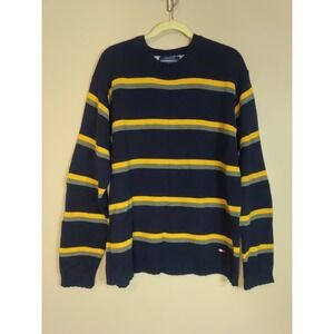 Tommy Hilfiger Men Blue Yellow Grey Strip Long‎ sleeve Knit Sweater Size Xl